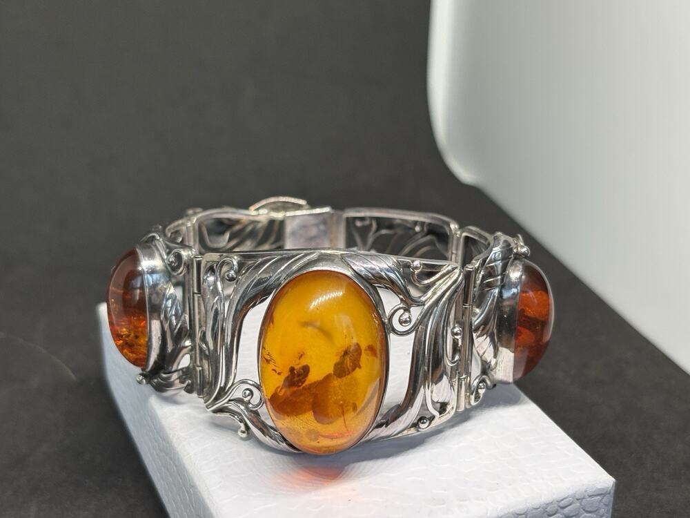 Vintage Art Nouveau Floral Sterling Silver Huge Baltic Amber Link Bracelet 7.2”